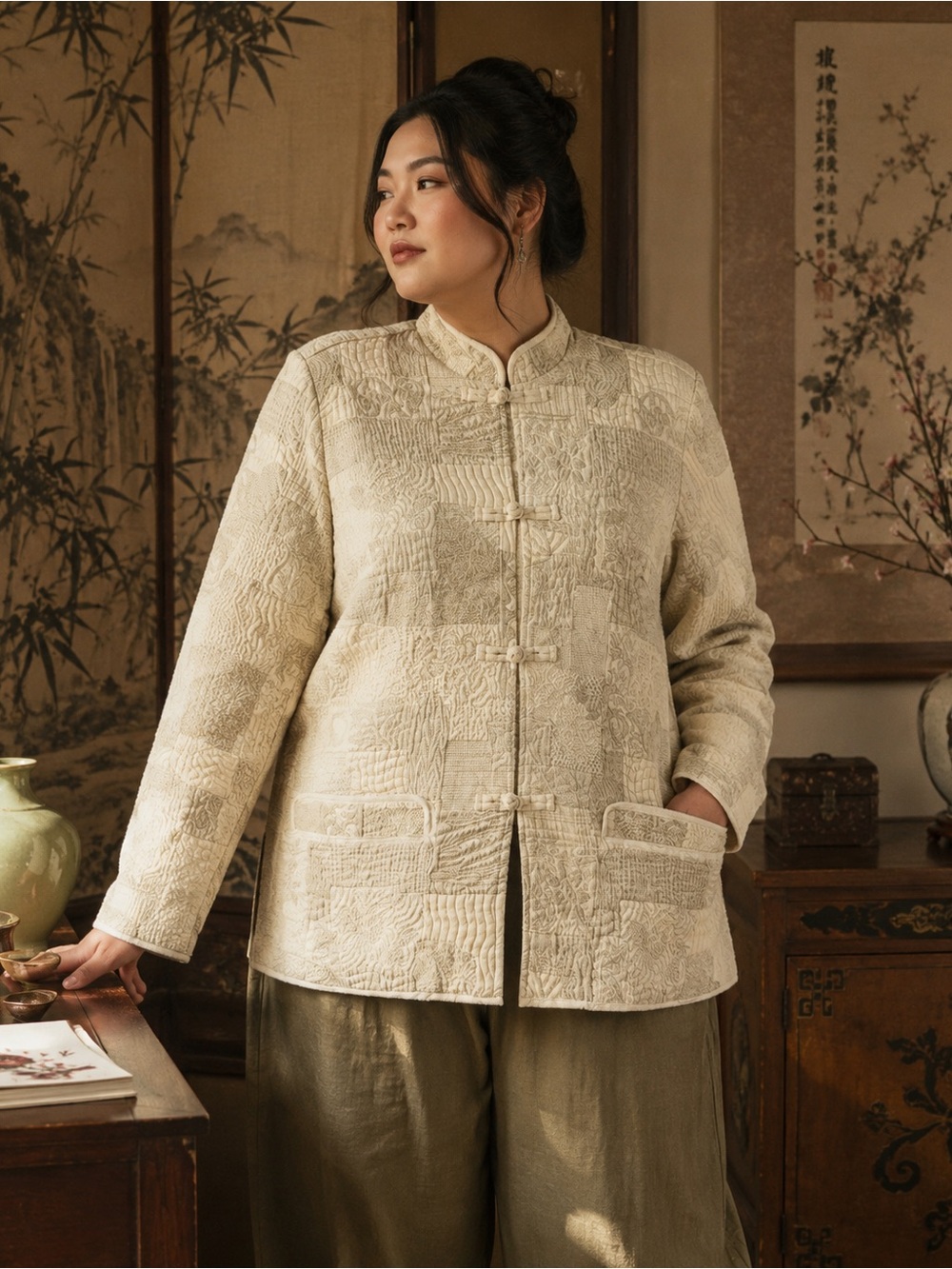 Vintage DEMOCRACY WEEKEND Quilted Jacquard Embroidered Mandarin Jacket Size L